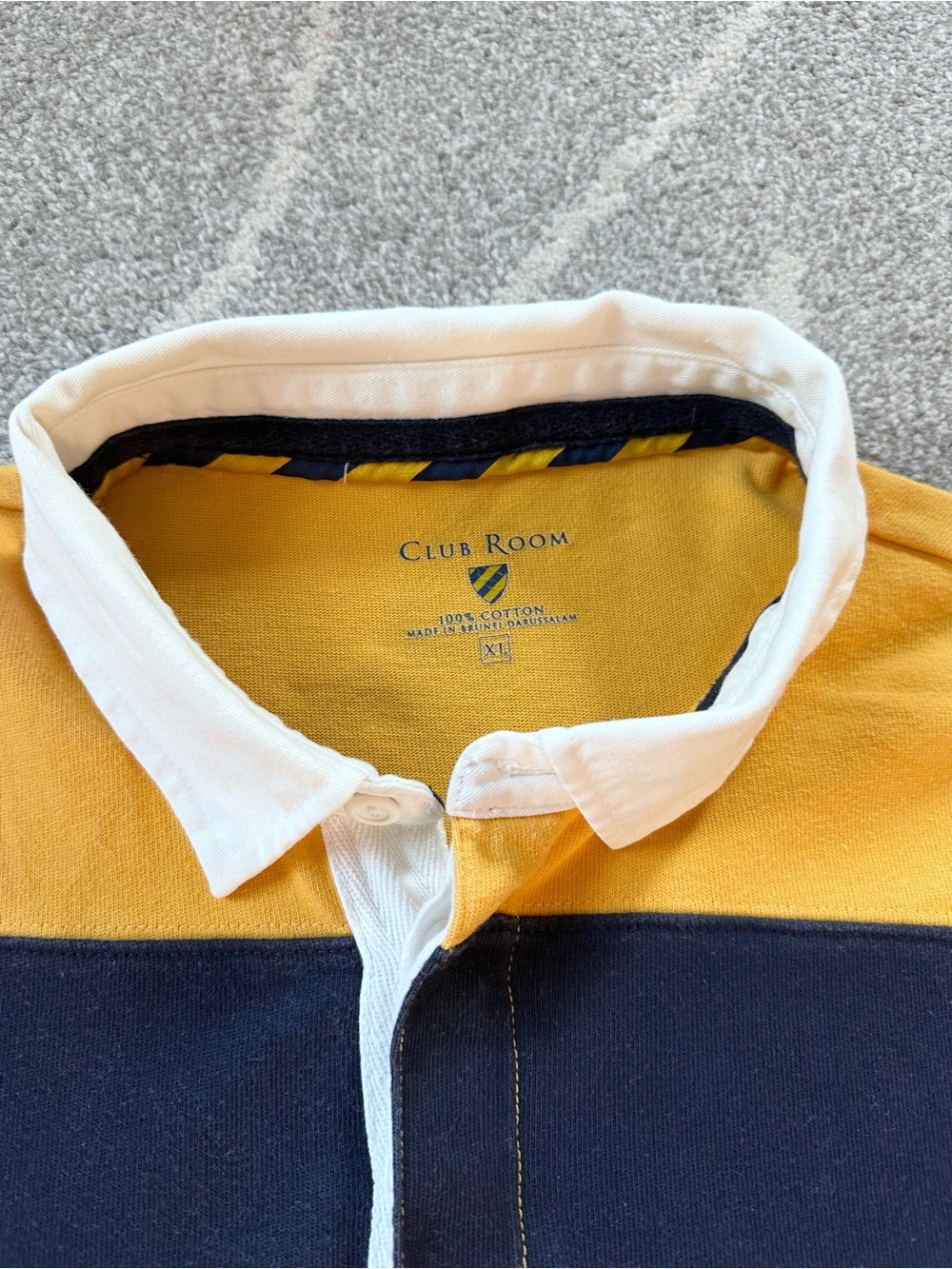 Club Room Gold and Navy Striped 90s Collared Long Sleeve Rugby Polo Shirt - Picture 2 of 3